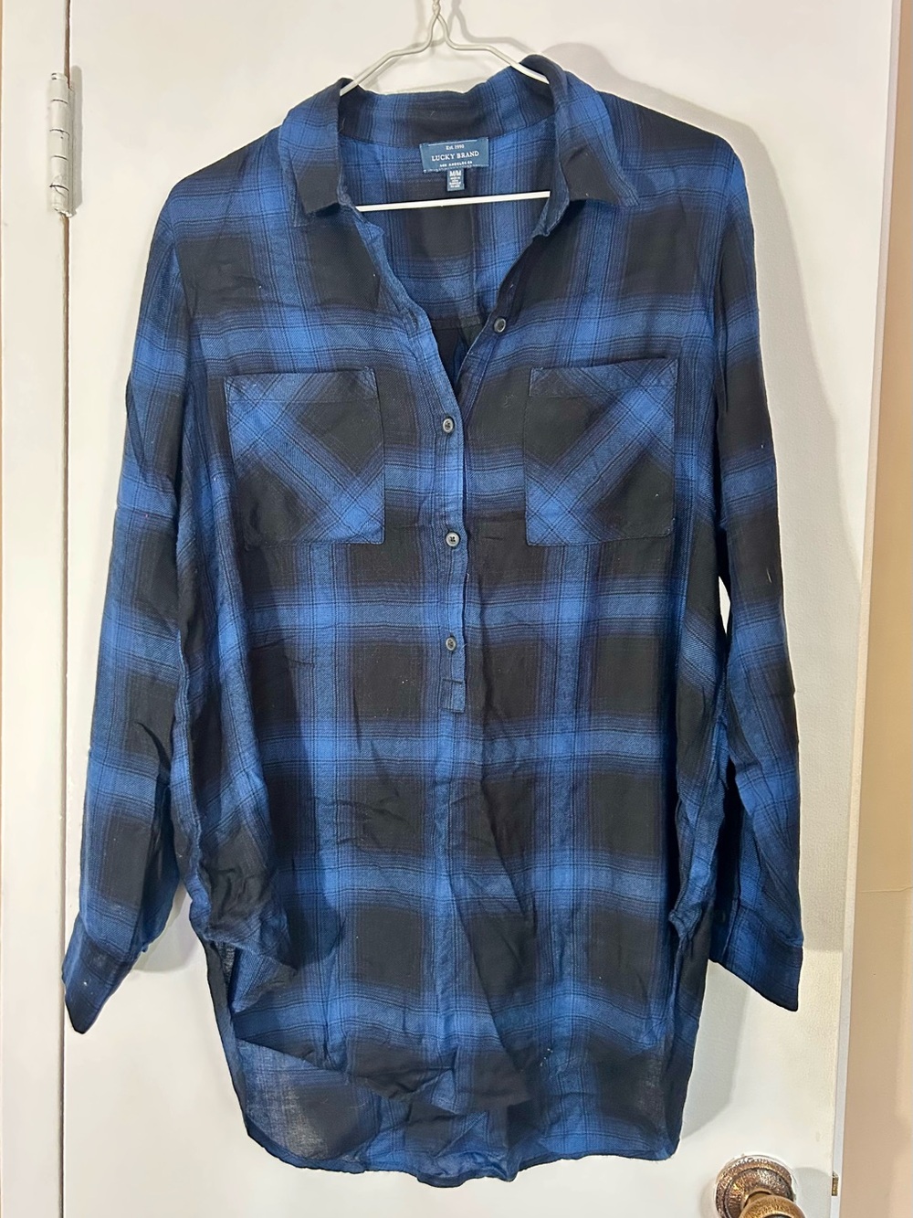 Lucky Brand Black & Blue Plaid Half Button Tunic Collared Shirt, Women’s Medium